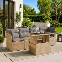 Outdoor Garden Sofa Set 5 Piece Beige Poly Rattan Patio Furniture with Storage