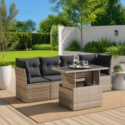 Garden Sofa Set 5 Piece Outdoor Furniture Grey Poly Rattan with Storage Cushions