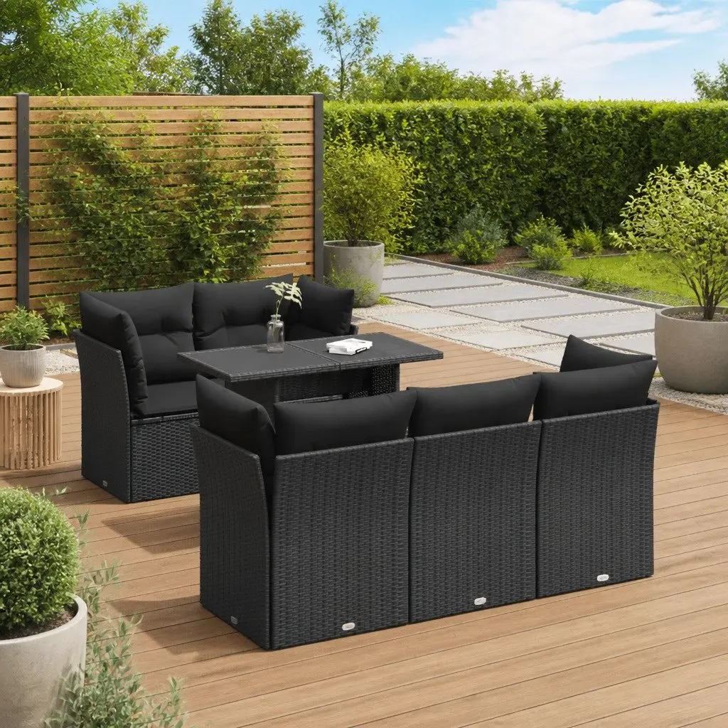 6 Piece Garden Sofa Set with Storage Cushions Black Outdoor Patio Furniture