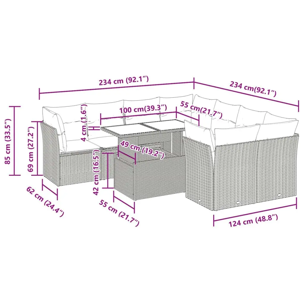 Garden Sofa Set 9 Piece Outdoor Furniture Black Poly Rattan Patio Lounge
