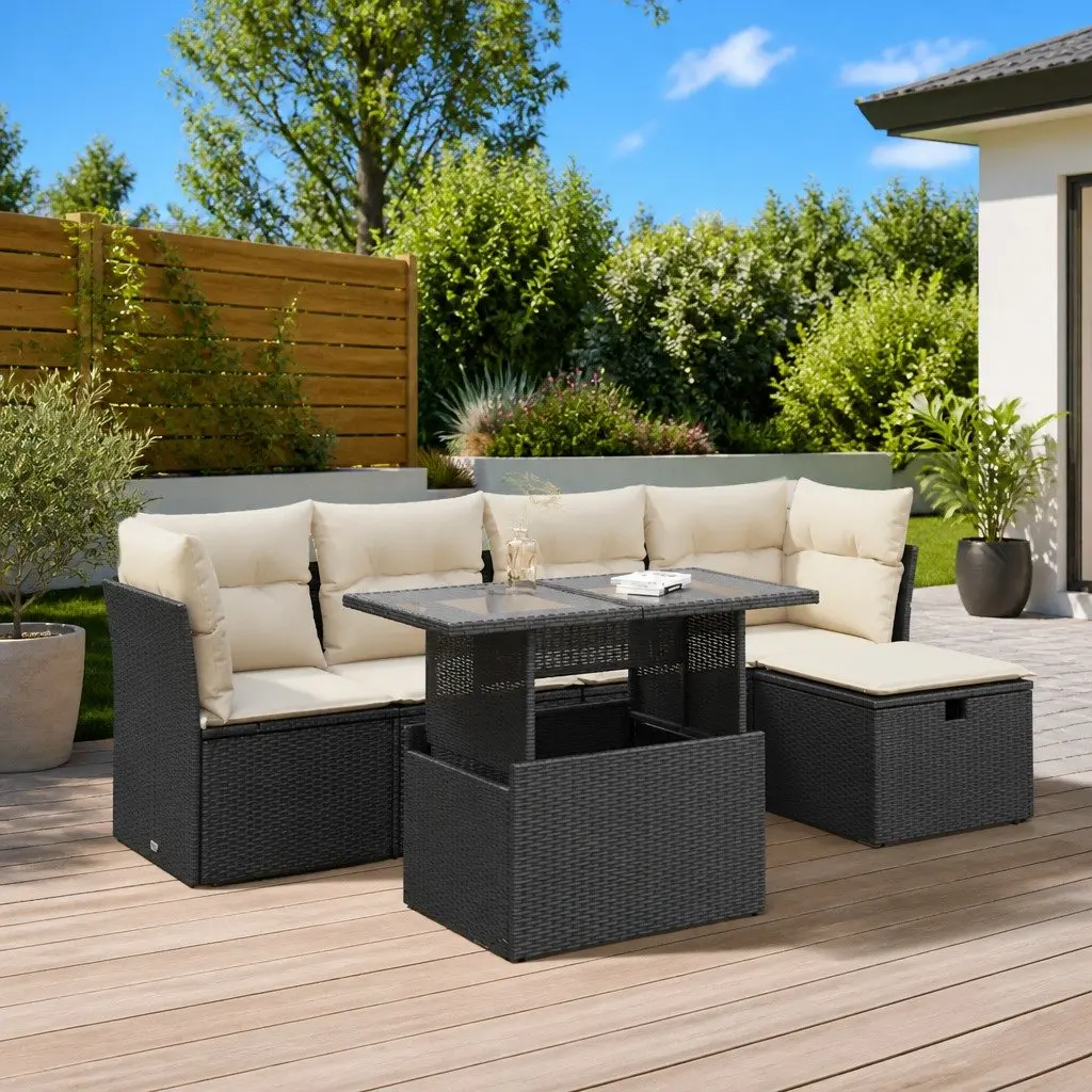 Garden Sofa Set with Cushions Adjustable Table Storage Function Black Poly Rattan Outdoor Furniture