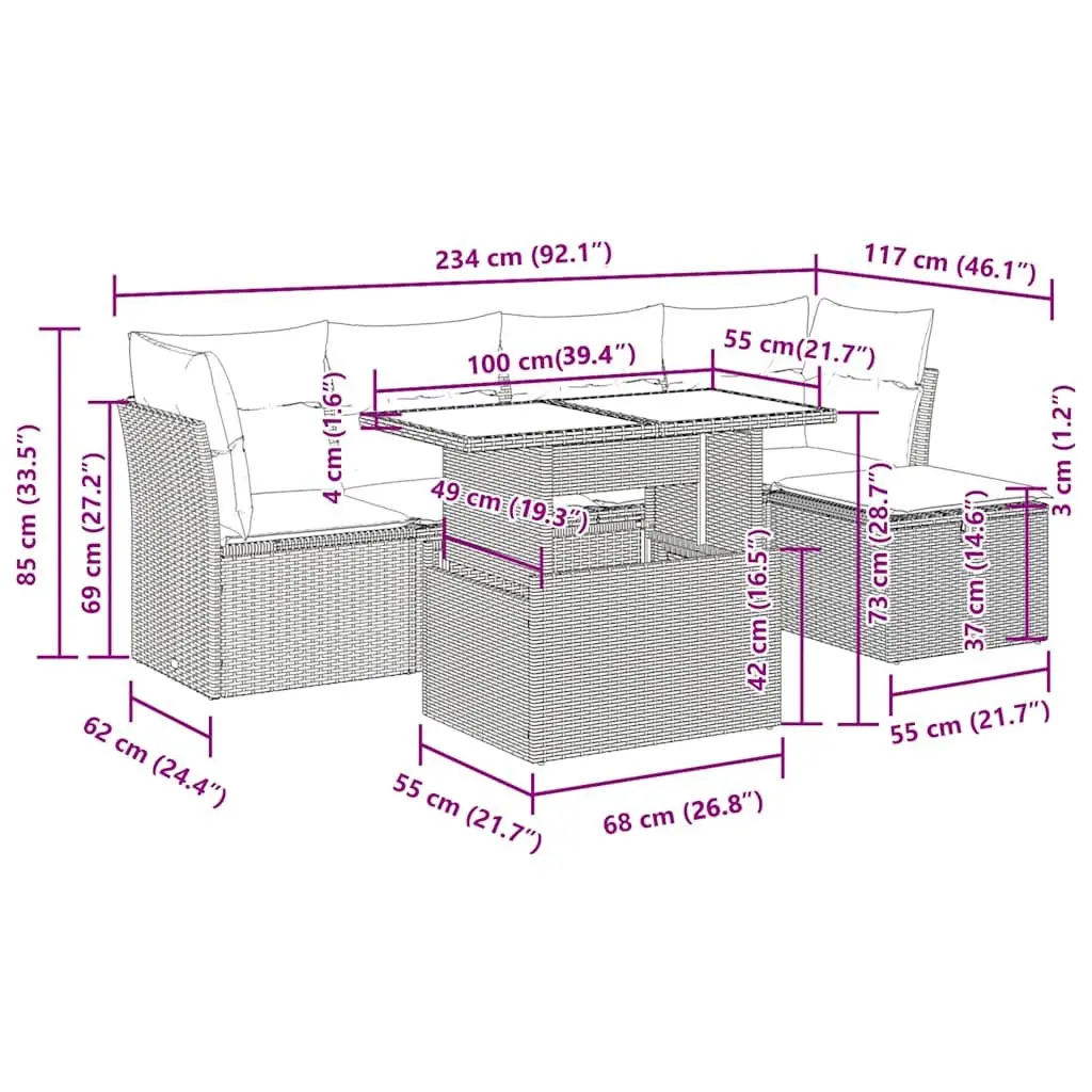 Garden Sofa Set with Cushions Adjustable Table Storage Function Black Poly Rattan Outdoor Furniture
