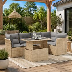 Garden Sofa Set 6 Piece Outdoor Furniture Patio Beige Poly Rattan Seat Storage