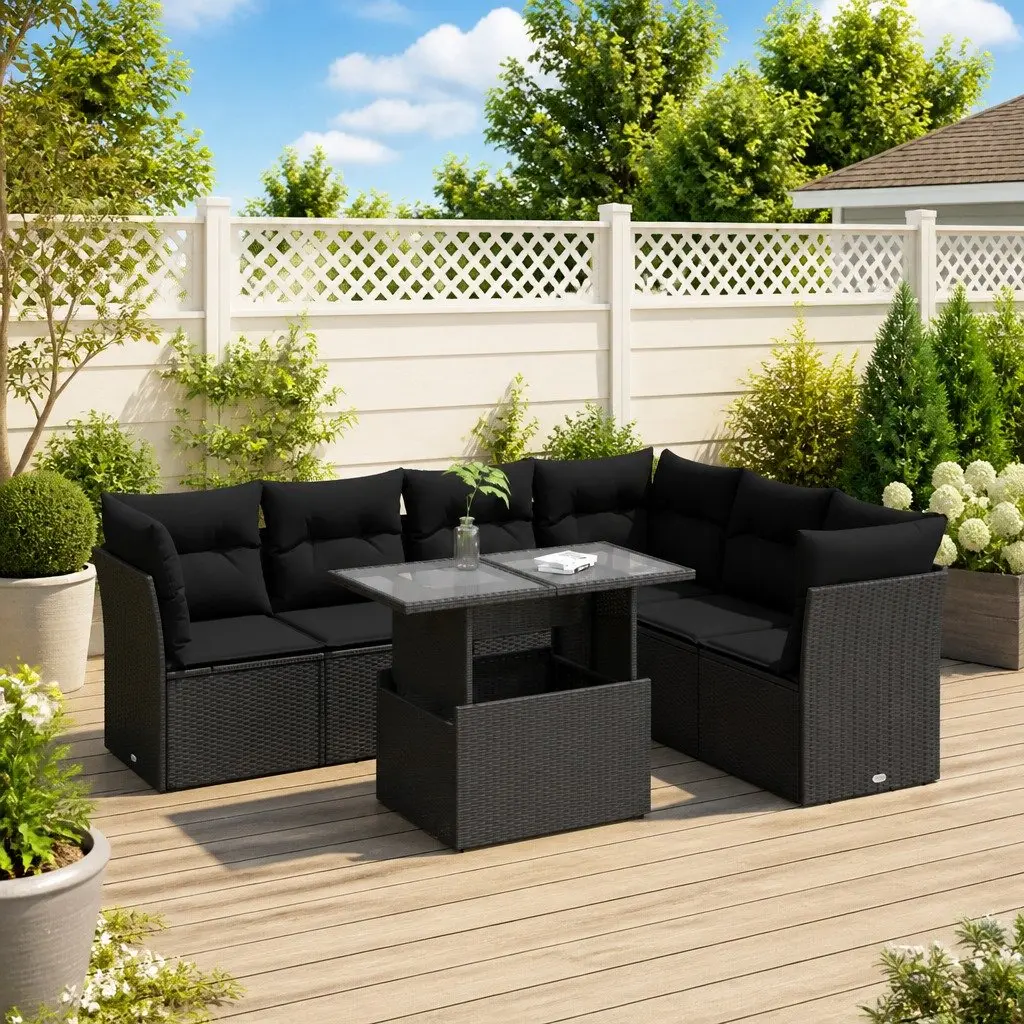 7 Piece Garden Sofa Set Outdoor Patio Furniture Black Poly Rattan with Cushions