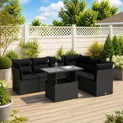 7 Piece Garden Sofa Set Outdoor Patio Furniture Black Poly Rattan with Cushions