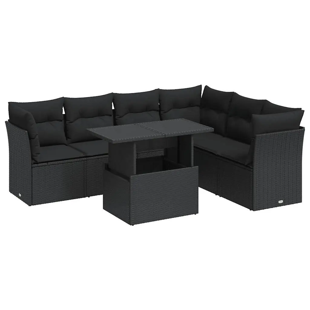7 Piece Garden Sofa Set Outdoor Patio Furniture Black Poly Rattan with Cushions