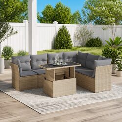 Outdoor Garden Sofa Set 7 Piece Beige Poly Rattan Patio Furniture Sectional