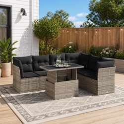 Garden Sofa Set 7 Piece Outdoor Patio Furniture Grey Poly Rattan with Cushions