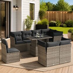 Garden Sofa Set 9 Piece Outdoor Furniture Grey Poly Rattan Patio Seating with