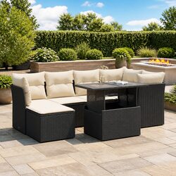 7 Piece Garden Sofa Set Outdoor Furniture Black PE Rattan Cushions Storage