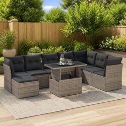 9 Piece Garden Sofa Set Outdoor Patio Furniture with Cushions Grey Poly Rattan