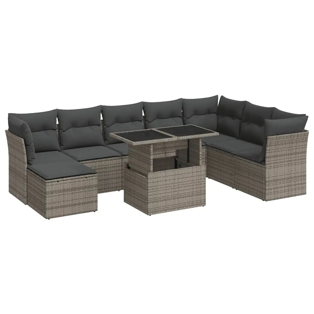 9 Piece Garden Sofa Set Outdoor Patio Furniture with Cushions Grey PE Rattan