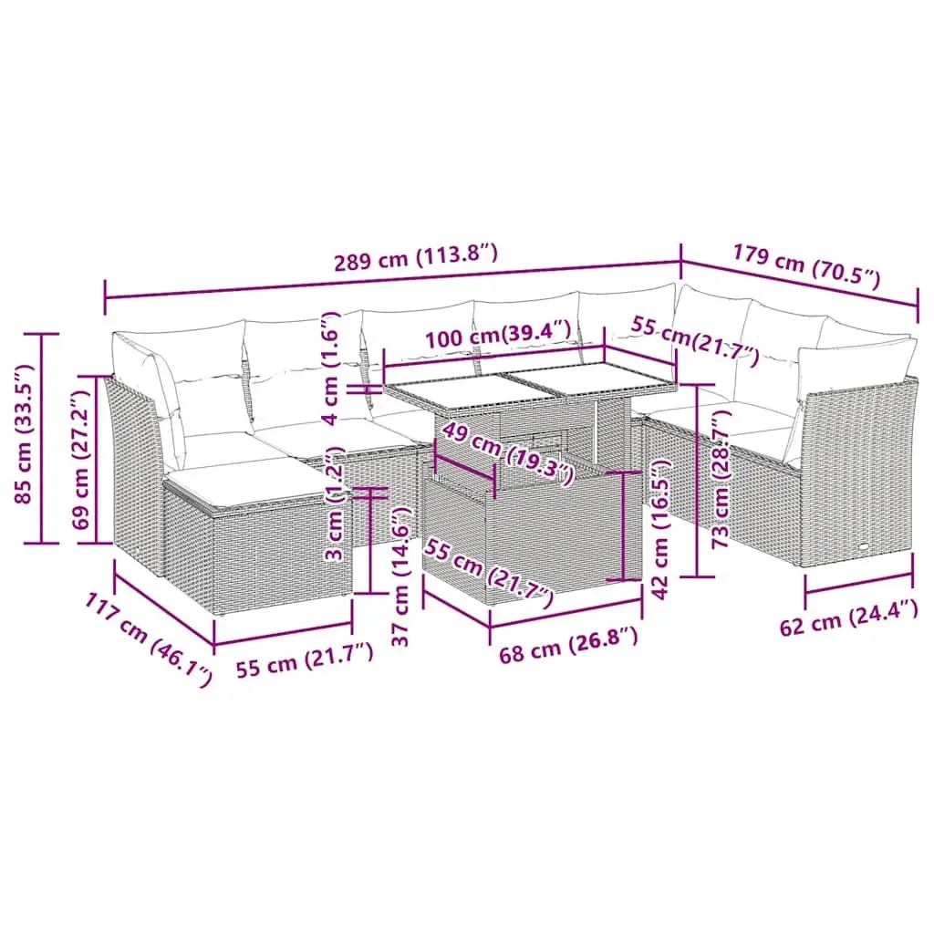 9 Piece Garden Sofa Set Outdoor Patio Furniture with Cushions Grey PE Rattan