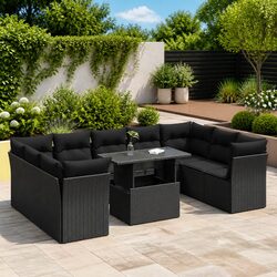 10 Piece Garden Sofa Set Outdoor Patio Furniture Black Poly Rattan with Cushions