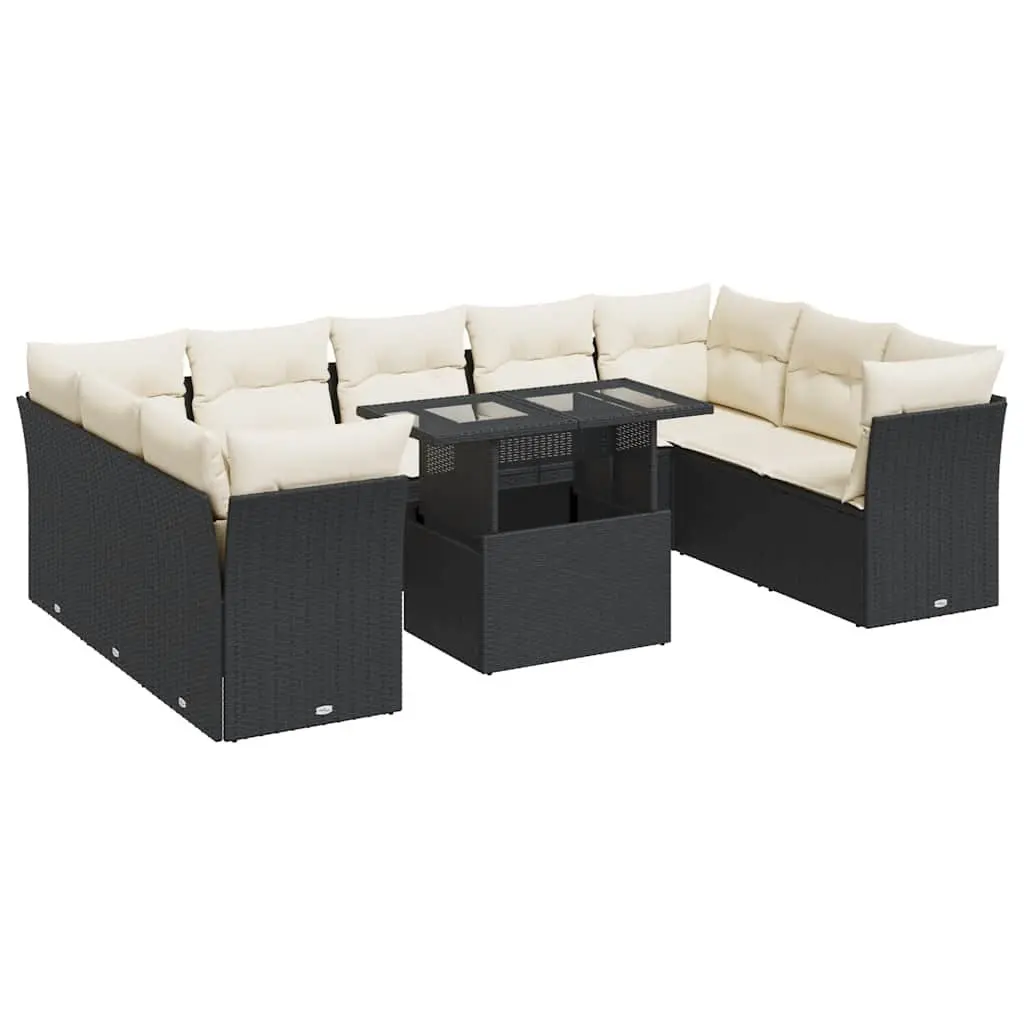 10 Piece Garden Sofa Set Black PE Rattan Outdoor Furniture with Cushions