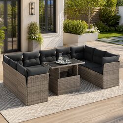 Garden Sofa Set 10 Piece Outdoor Furniture Grey Poly Rattan Patio with Storage