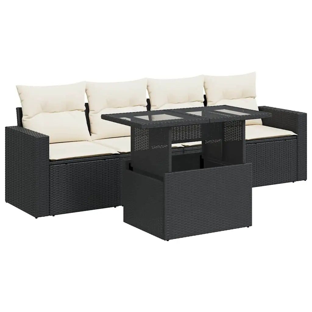 5 Piece Garden Sofa Set Outdoor Furniture Black Poly Rattan Cushions Patio