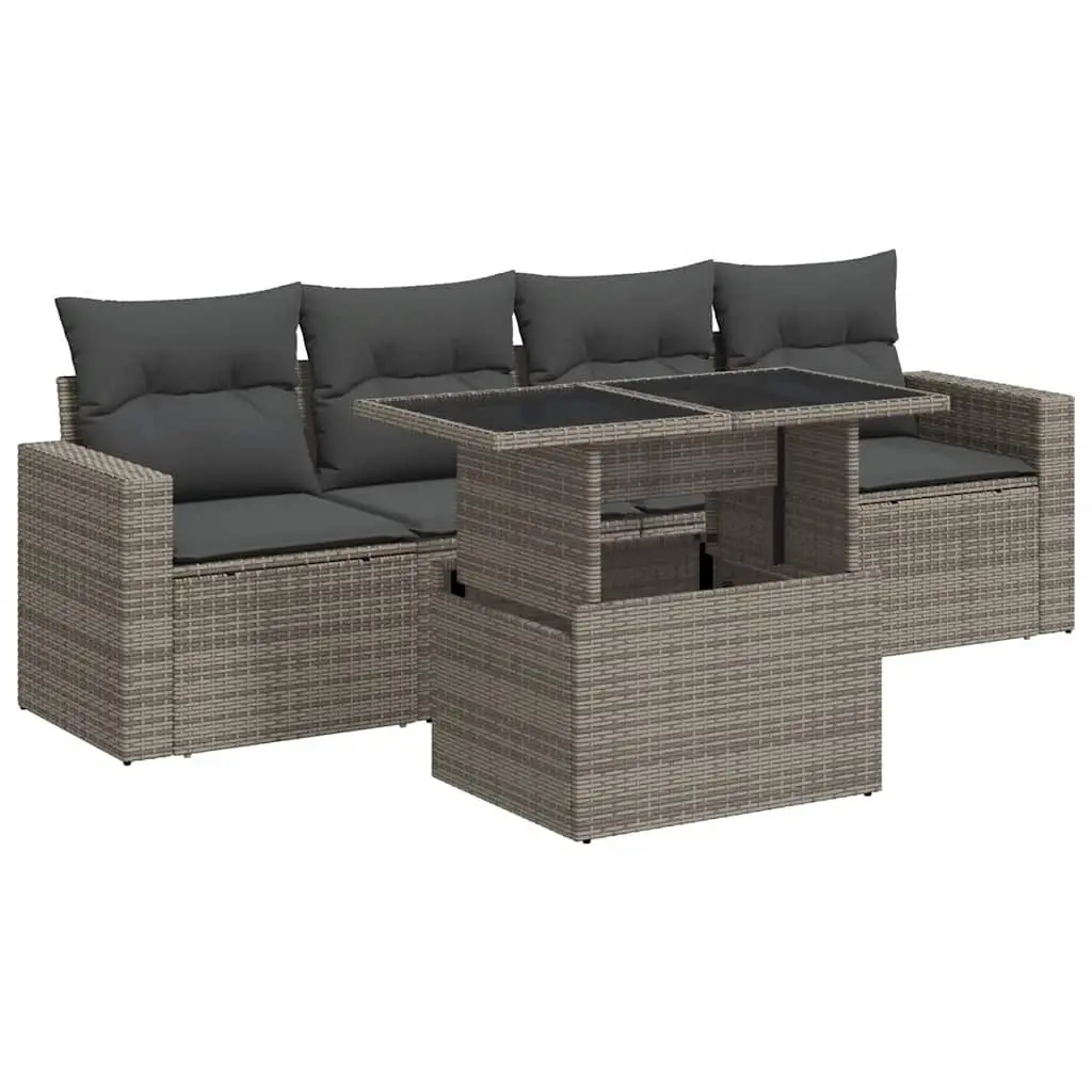 Garden Sofa Set 5 Piece Outdoor Furniture Grey Poly Rattan Seating with Adjustable Tabletop and Storage Compartment