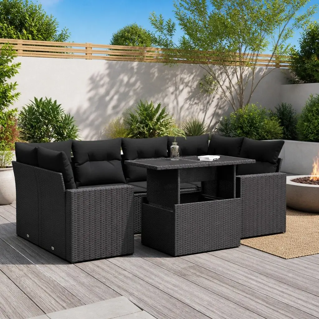 7 Piece Garden Sofa Set with Cushions Storage Black PE Rattan Outdoor Furniture
