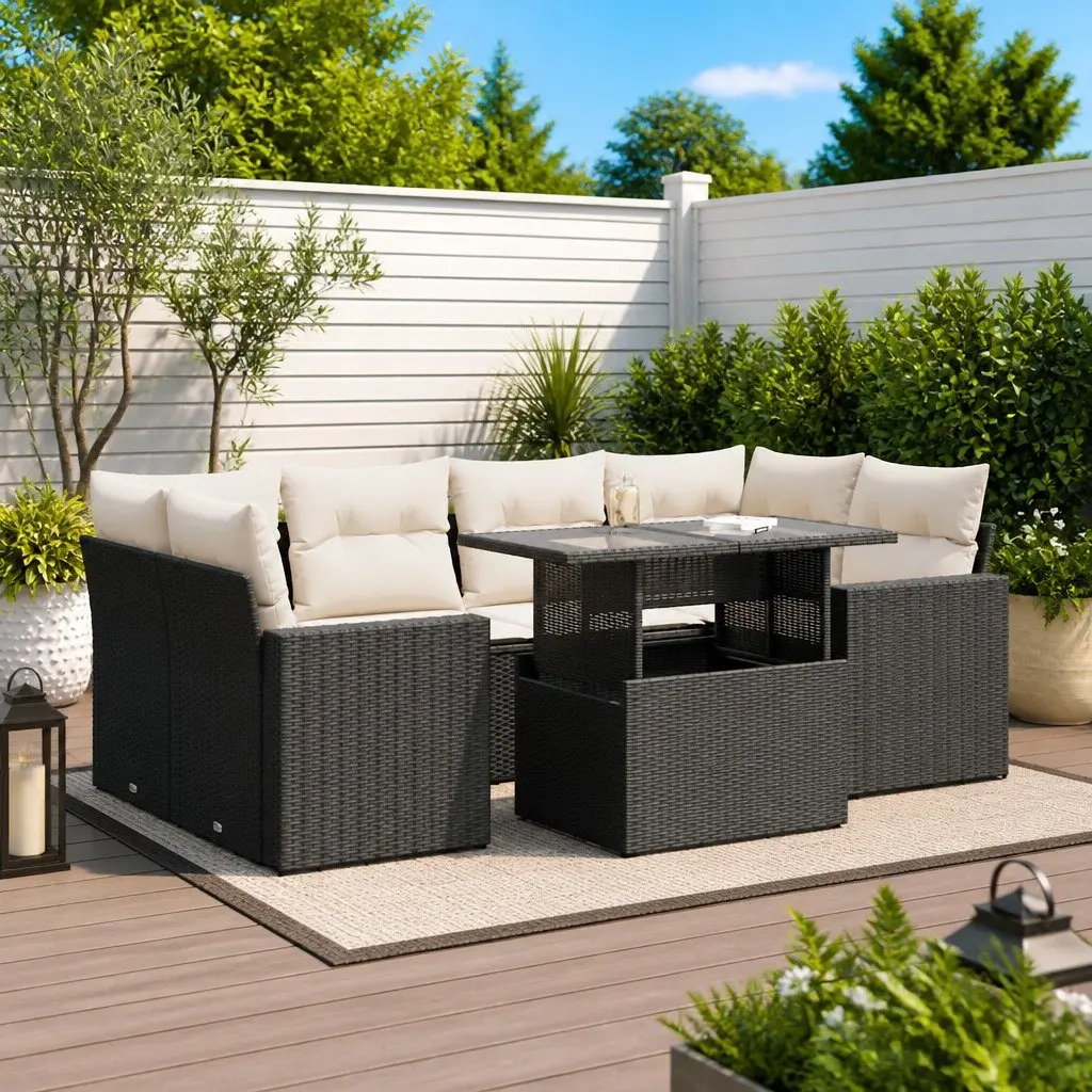 7 Piece Garden Sofa Set with Cushions Storage Black Outdoor Patio Furniture
