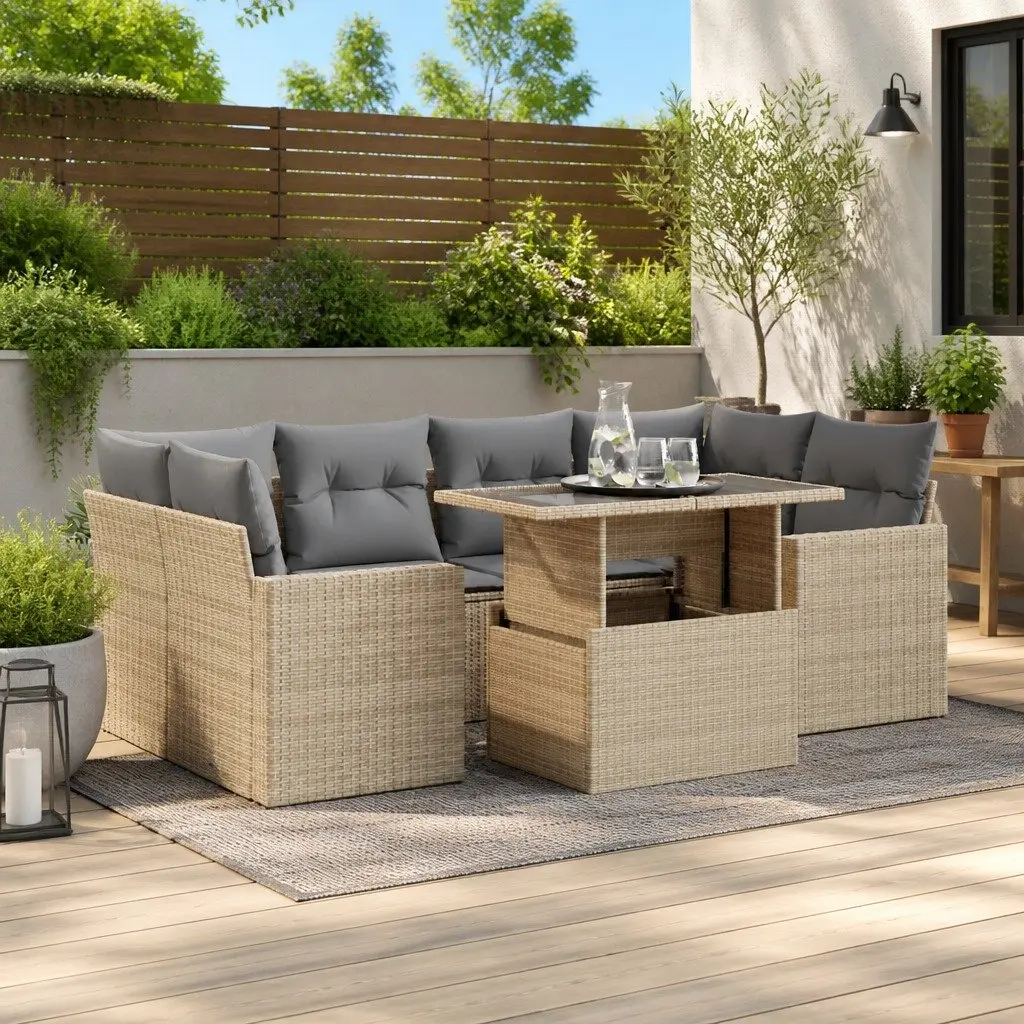 7 Piece Garden Sofa Set with Storage Cushions Adjustable Table Beige PE Poly Rattan Outdoor Patio Furniture