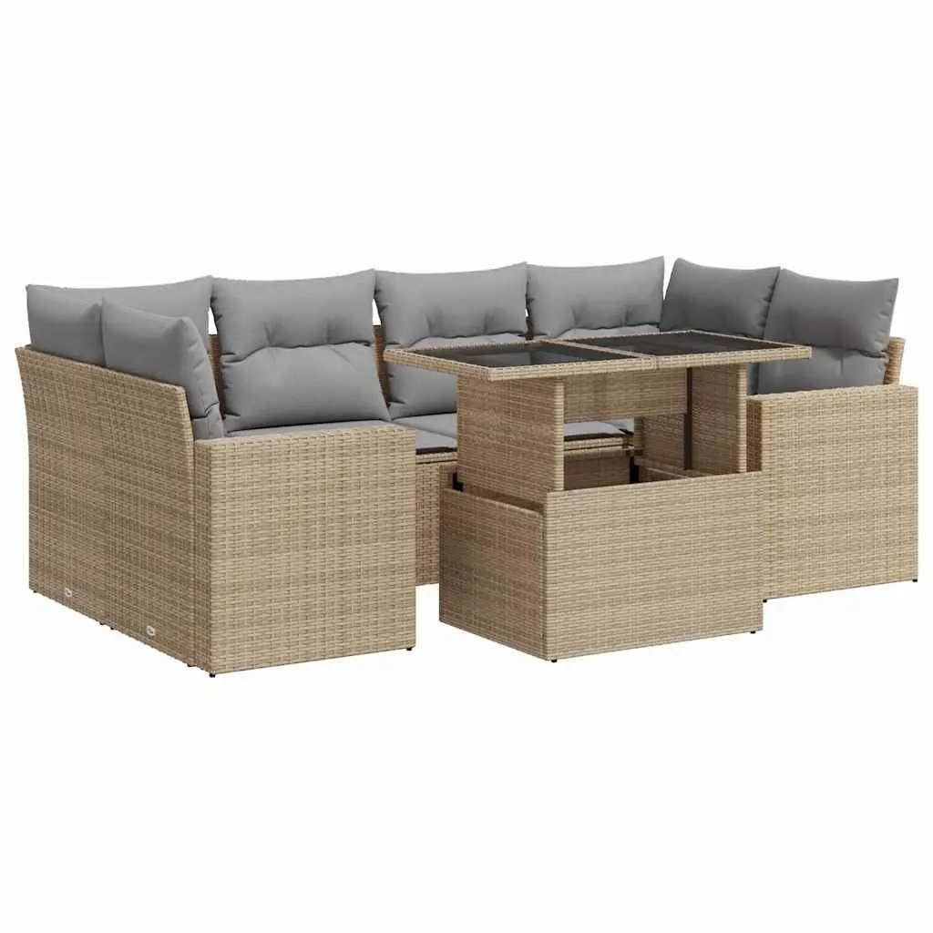 7 Piece Garden Sofa Set with Storage Cushions Adjustable Table Beige PE Poly Rattan Outdoor Patio Furniture