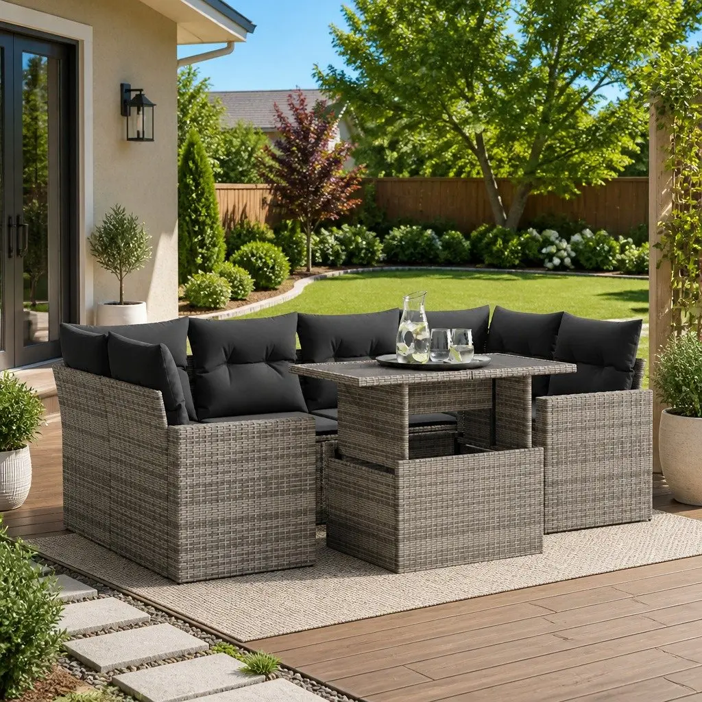 7 Piece Garden Sofa Set Grey Poly Rattan Patio Furniture Outdoor Lounge