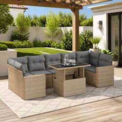 Garden Sofa Set 8 Piece Outdoor Furniture Beige Poly Rattan Patio Seating with
