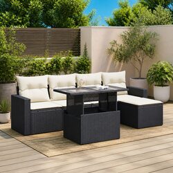 Garden Sofa Set 6 Piece Outdoor Furniture Black Poly Rattan with Cushions