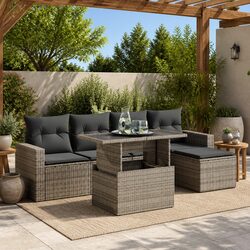 Garden Sofa Set 6 Piece Outdoor Furniture Grey Poly Rattan with Storage Cushions