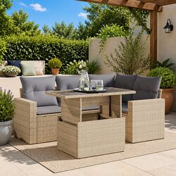 Garden Sofa Set 5 Piece Outdoor Furniture Beige Poly Rattan Patio Lounge with