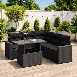 Garden Sofa Set 6 Piece Outdoor Patio Furniture Black Poly Rattan with Cushions
