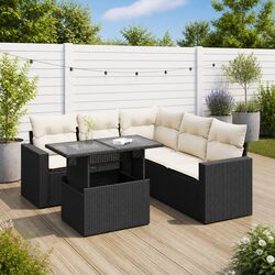 Garden Sofa Set 6 Piece Outdoor Furniture Black Poly Rattan Patio with Cushions