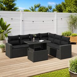 Outdoor Garden Sofa Set 7 Piece Black Poly Rattan Patio Furniture with Storage
