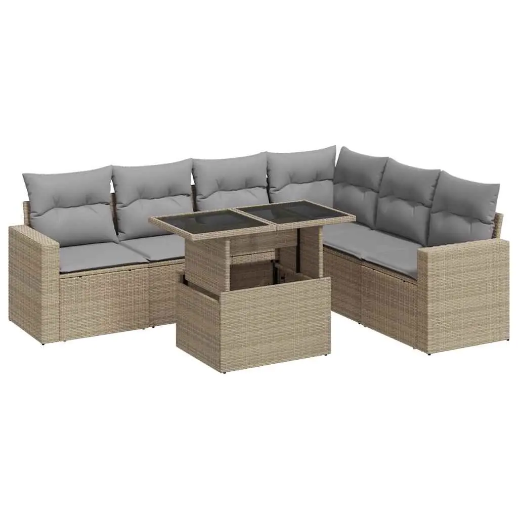 7 Piece Garden Sofa Set Outdoor Patio Furniture Beige Poly Rattan with Cushions