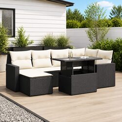 7 Piece Garden Sofa Set with Cushions Storage Black Poly Rattan Outdoor