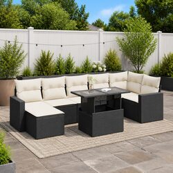 Garden Sofa Set 8 Piece Outdoor Furniture Black Poly Rattan Patio Seating with