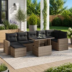 Garden Sofa Set 8 Piece Grey Outdoor Patio Furniture with Storage Cushions