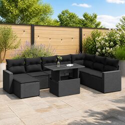 Garden Sofa Set 9 Piece Outdoor Furniture Black Poly Rattan with Cushions