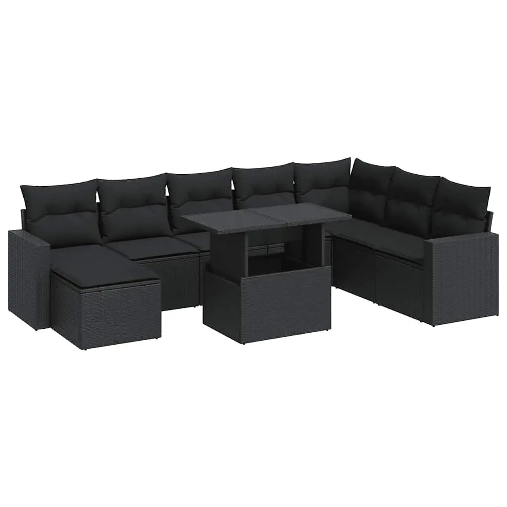 Garden Sofa Set 9 Piece Outdoor Furniture Adjustable Table Black PE Rattan with Cushions