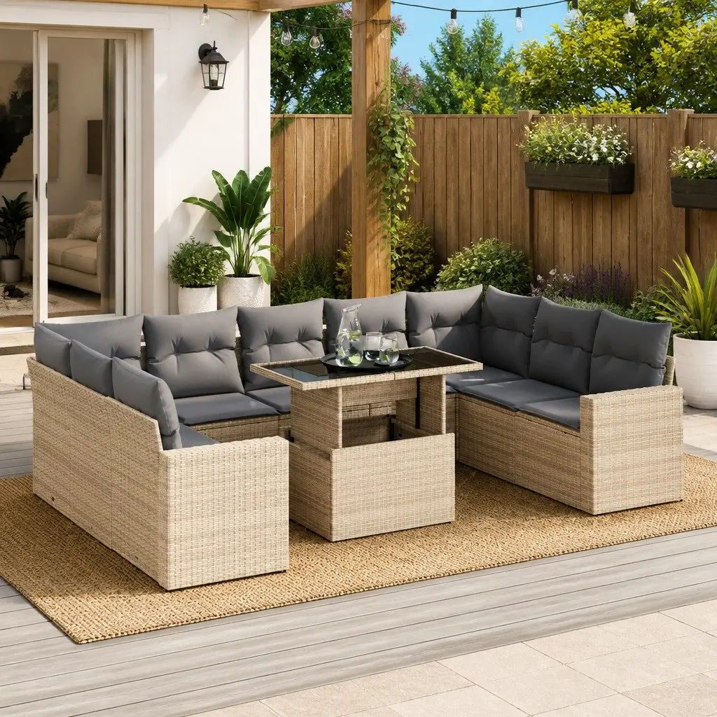 Outdoor Garden Sofa Set 10 Piece Beige PE Rattan Patio Furniture with Cushions