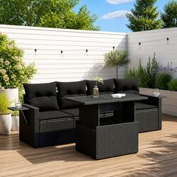 5 Piece Outdoor Garden Sofa Set with Storage Cushions Black Poly Rattan
