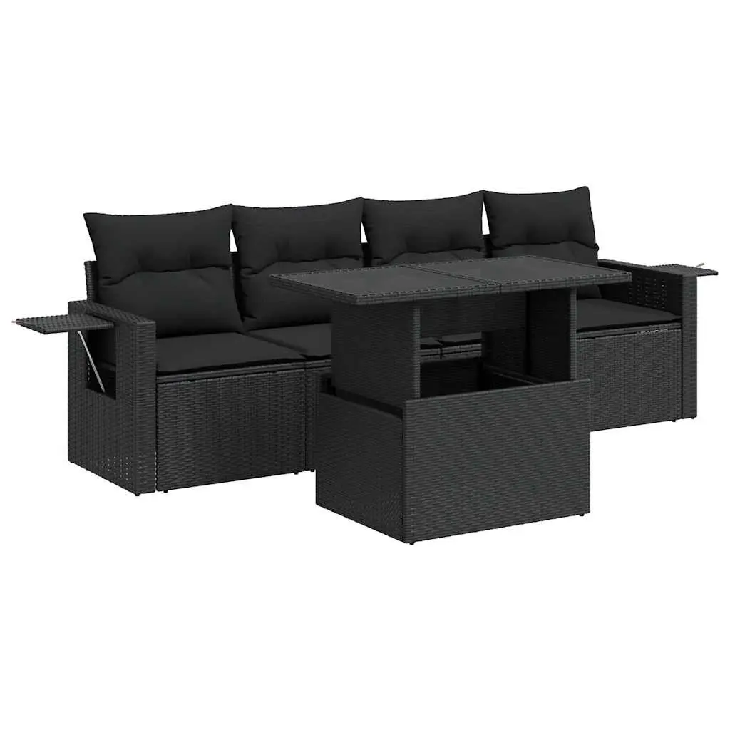 5 Piece Outdoor Garden Sofa Set with Storage Cushions Black Poly Rattan