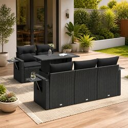Garden Sofa Set 6 Piece Outdoor Furniture Black Poly Rattan Patio Sectional