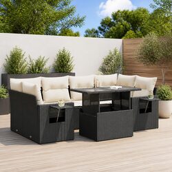 7 Piece Garden Sofa Set Outdoor Furniture Black Poly Rattan with Cushions