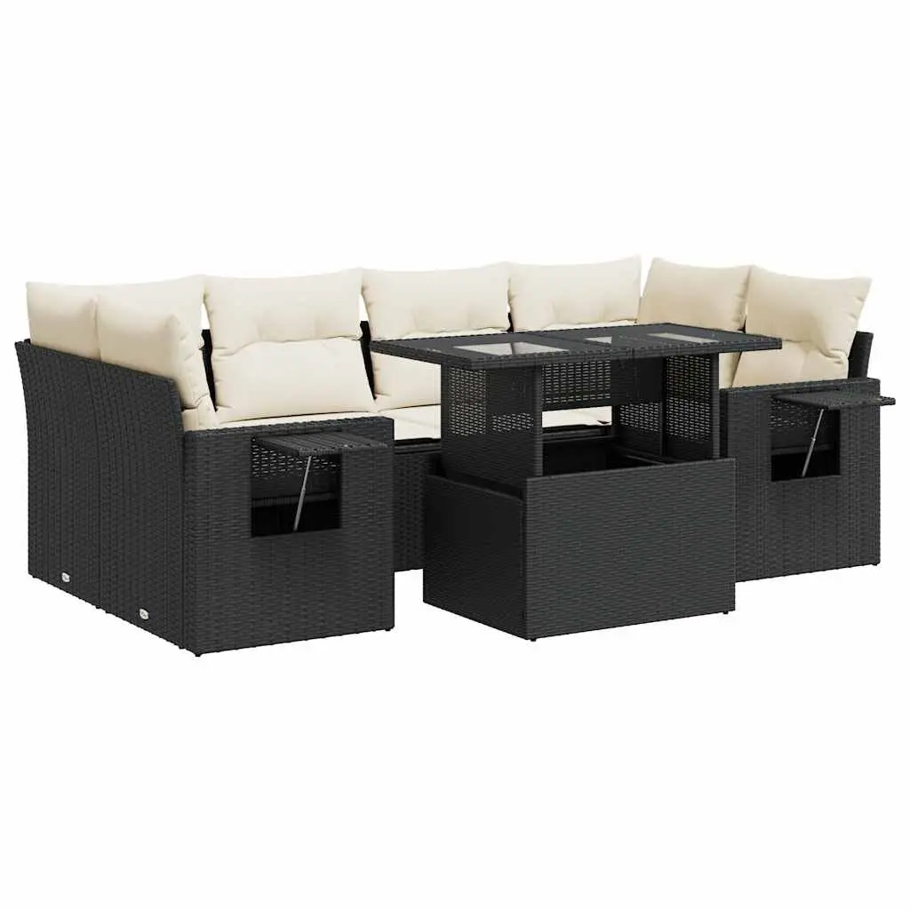 7 Piece Garden Sofa Set Outdoor Furniture Black Poly Rattan with Cushions