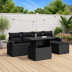Garden Sofa Set 6 Piece Outdoor Furniture Black Poly Rattan Patio Seating with