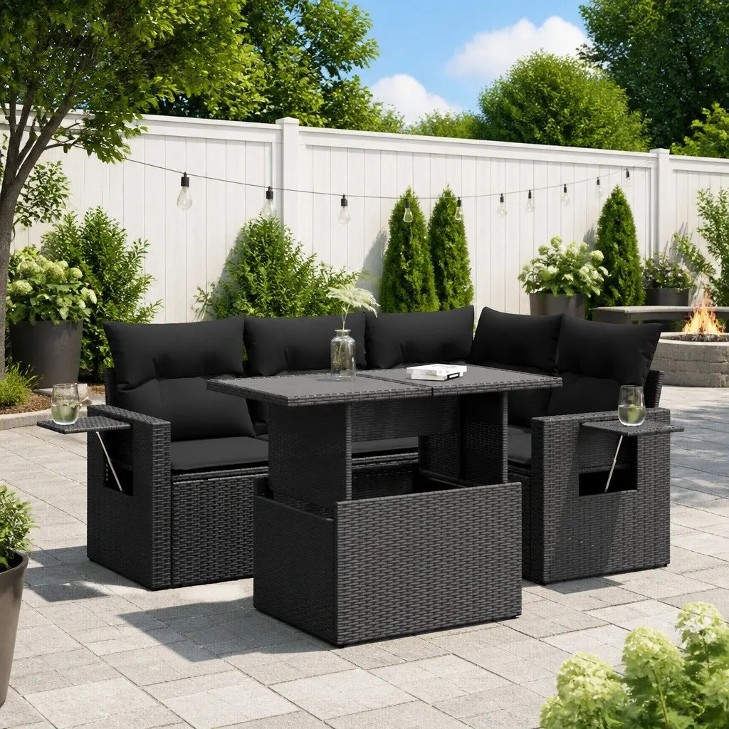 5 Piece Outdoor Garden Sofa Set with Storage Cushions Black PE Rattan