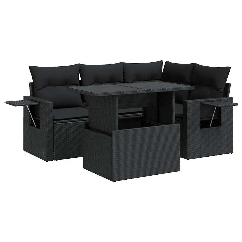 5 Piece Outdoor Garden Sofa Set with Storage Cushions Black PE Rattan