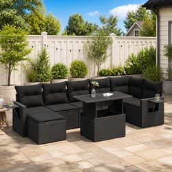 Garden Sofa Set 8 Piece Outdoor Furniture Black Poly Rattan Patio Lounger with